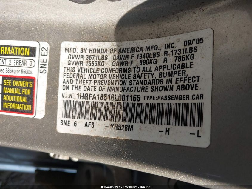2006 Honda Civic Lx VIN: 1HGFA16516L001165 Lot: 42856227