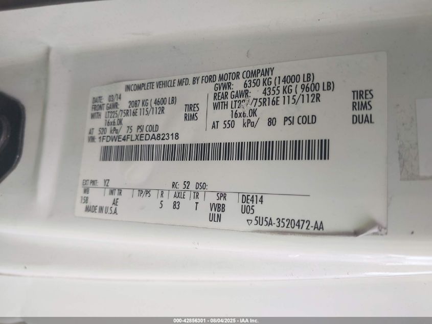 2014 Ford Econoline E450 Super Duty Cutwy Van VIN: 1FDWE4FLXEDA82318 Lot: 42856301
