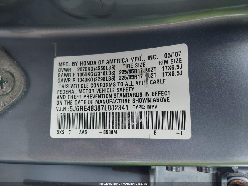 2007 Honda Cr-V Lx VIN: 5J6RE48387L002844 Lot: 42856303