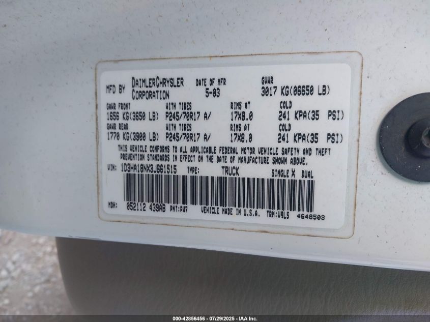 2003 Dodge Ram 1500 St/Slt VIN: 1D3HA18NX3J661515 Lot: 42856456