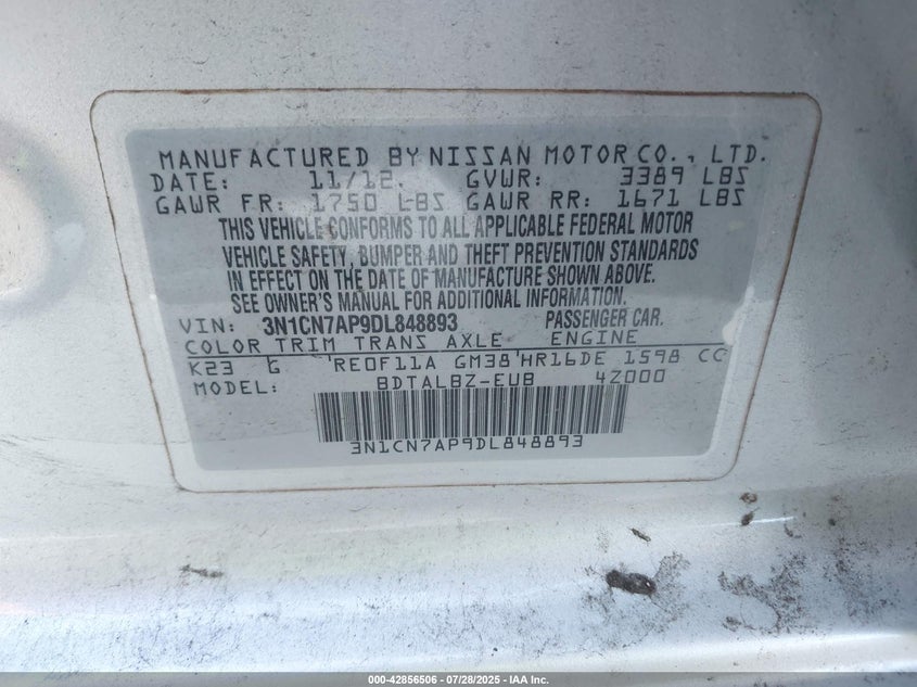 2013 Nissan Versa 1.6 Sv VIN: 3N1CN7AP9DL848893 Lot: 42856506