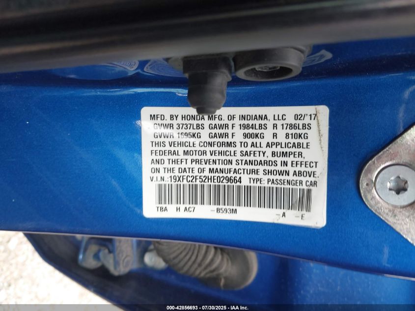 2017 Honda Civic Lx VIN: 19XFC2F52HE029664 Lot: 42856693