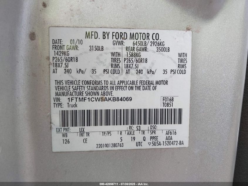 2010 Ford F-150 Stx/Xl/Xlt VIN: 1FTMF1CW5AKB84069 Lot: 42856711