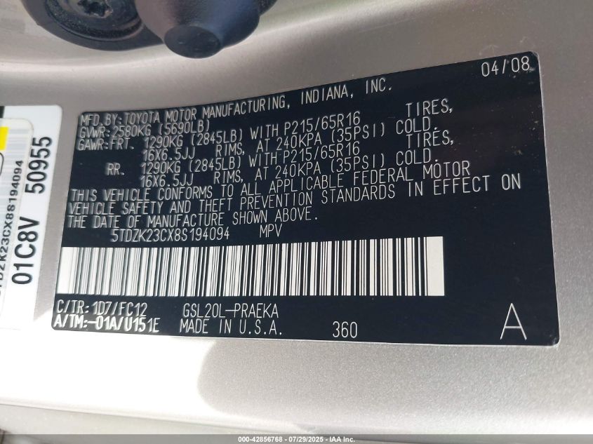 2008 Toyota Sienna Le VIN: 5TDZK23CX8S194094 Lot: 42856768