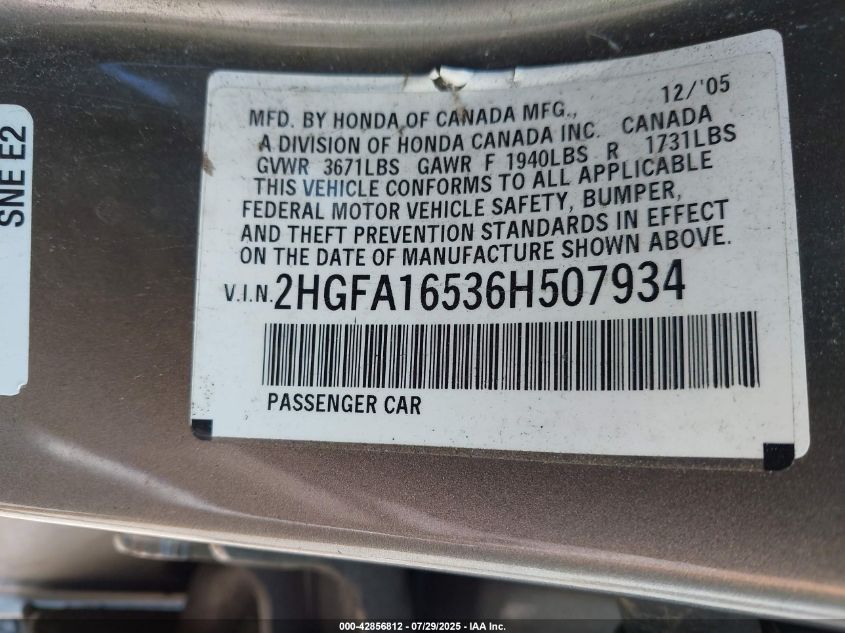 2006 Honda Civic Lx VIN: 2HGFA16536H507934 Lot: 42856812