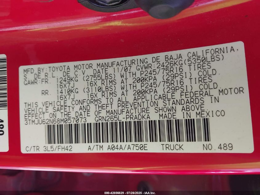 2008 Toyota Tacoma Prerunner V6 VIN: 3TMJU62N68M057073 Lot: 42856829