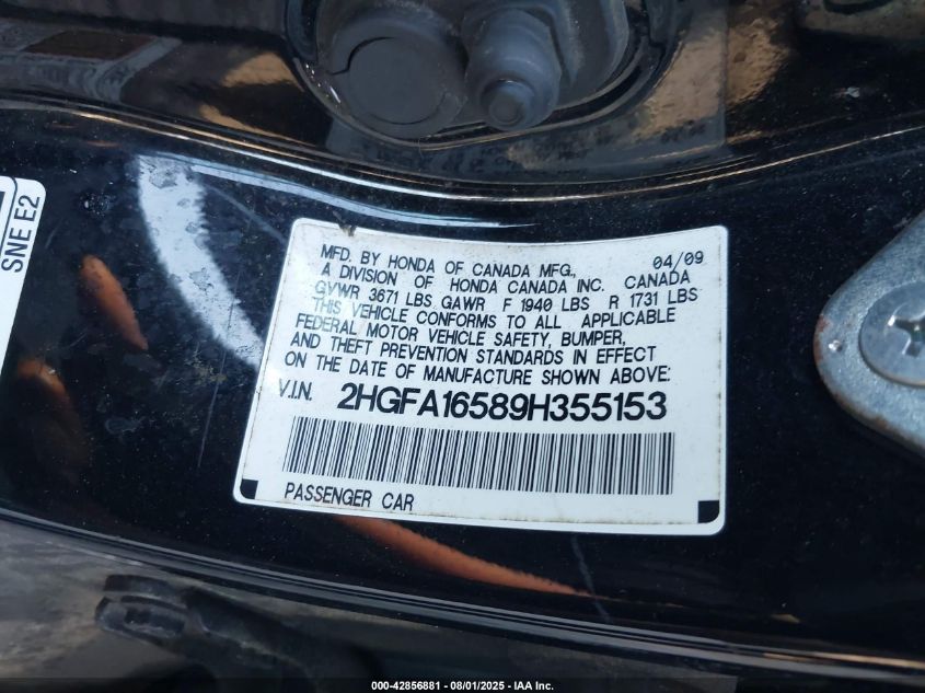 2009 Honda Civic Lx VIN: 2HGFA16589H355153 Lot: 42856881