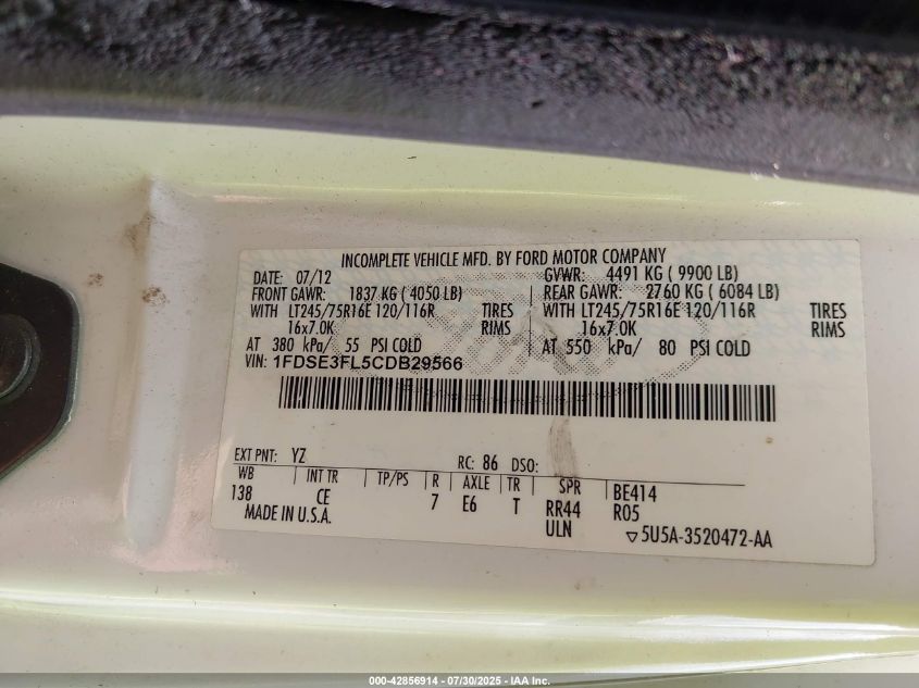 2012 Ford E-350 Cutaway VIN: 1FDSE3FL5CDB29566 Lot: 42856914