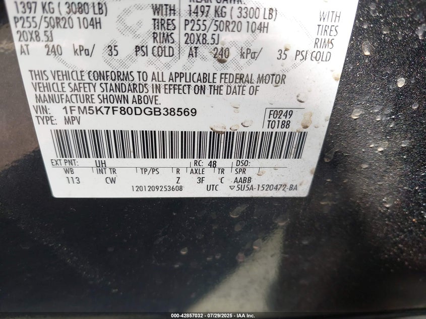 2013 FORD EXPLORER LIMITED - 1FM5K7F80DGB38569