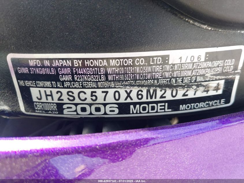 2006 Honda Cbr1000 Rr VIN: JH2SC570X6M202744 Lot: 42857143