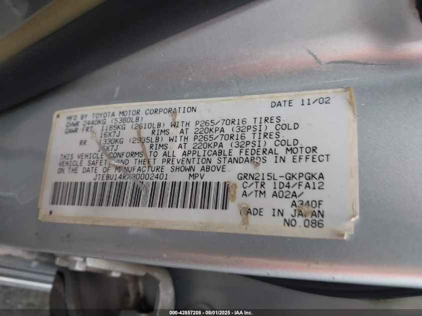 2003 Toyota 4Runner Sr5 V6 VIN: JTEBU14RX30002401 Lot: 42857208