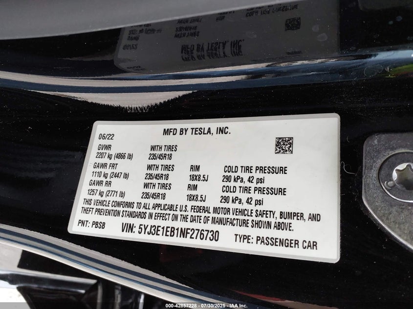 5YJ3E1EB1NF276730 2022 TESLA MODEL 3 photo no. 9