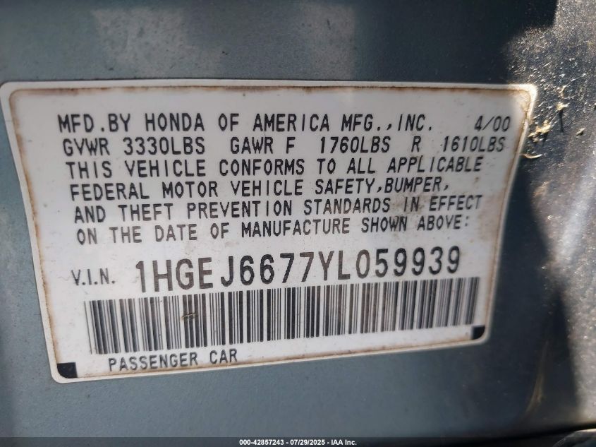 2000 Honda Civic Lx VIN: 1HGEJ6677YL059939 Lot: 42857243