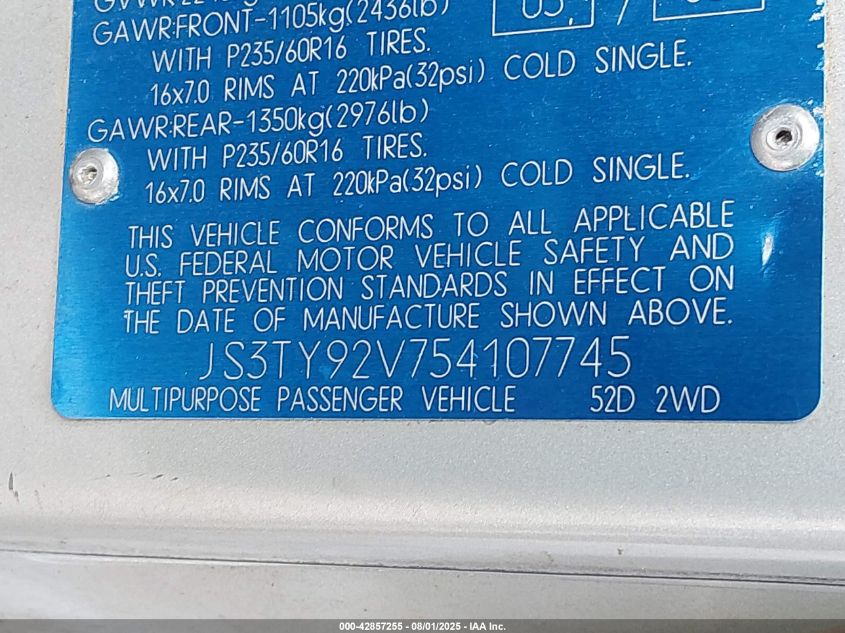 2005 Suzuki Xl-7 Ex/Lx VIN: JS3TY92V754107745 Lot: 42857255