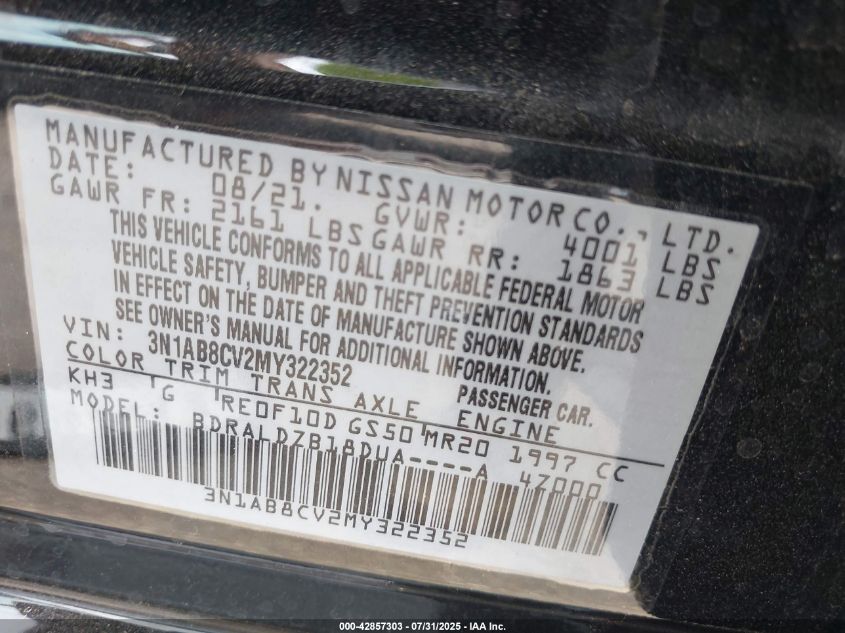 2021 Nissan Sentra Sv Xtronic Cvt VIN: 3N1AB8CV2MY322352 Lot: 42857303