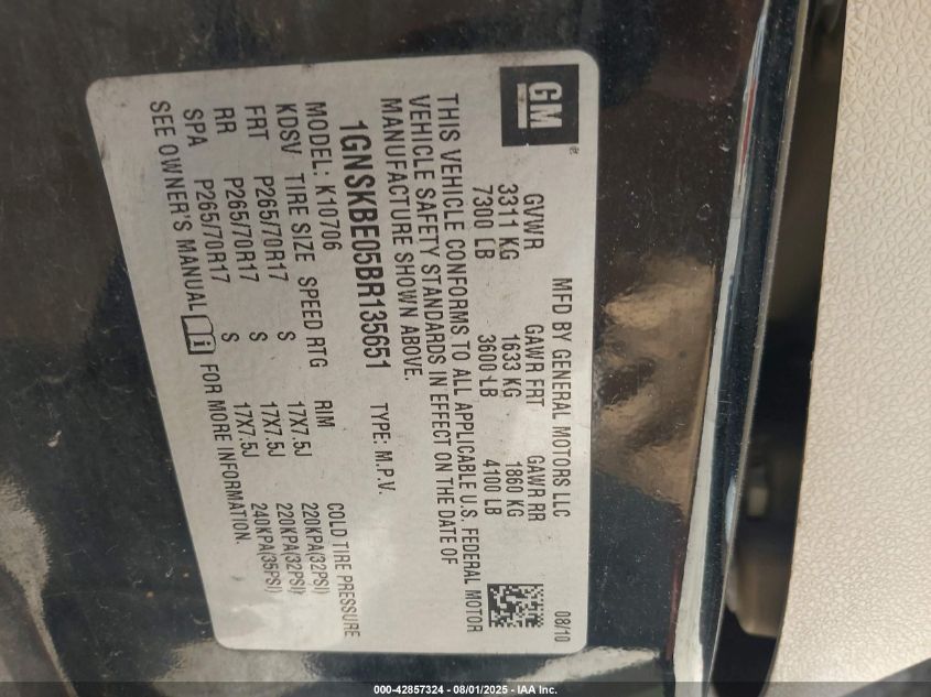 2011 Chevrolet Tahoe Lt VIN: 1GNSKBE05BR135651 Lot: 42857324