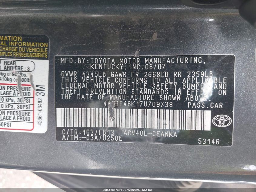 2007 Toyota Camry Le VIN: 4T1BE46K17U709738 Lot: 42857361