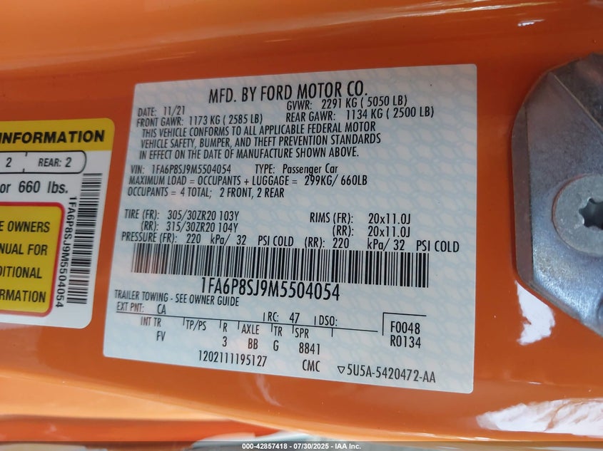 2021 FORD MUSTANG SHELBY GT500 FASTBACK - 1FA6P8SJ9M5504054