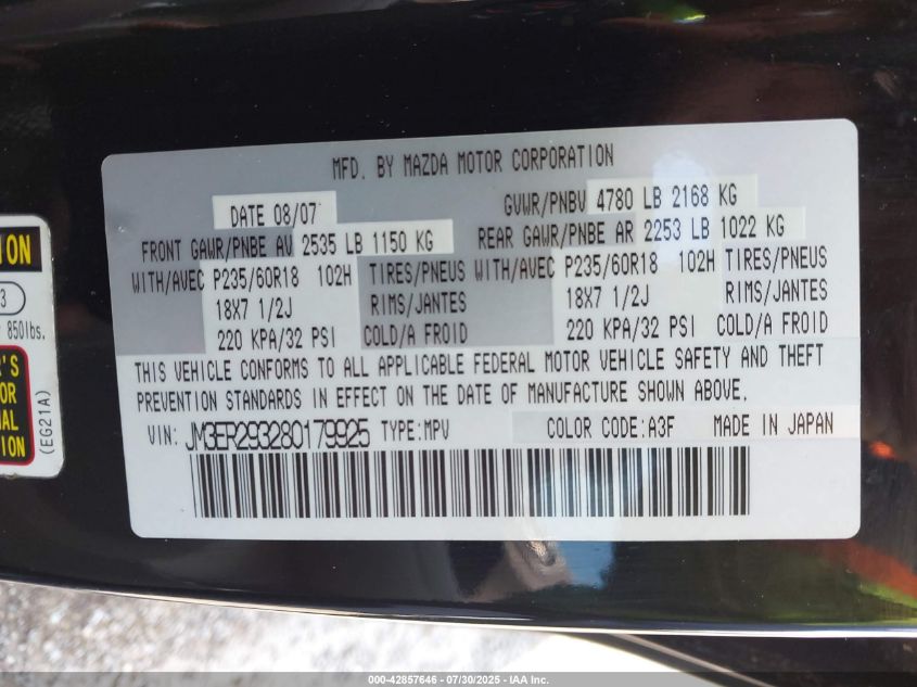 2008 Mazda Cx-7 Sport VIN: JM3ER293280179925 Lot: 42857646