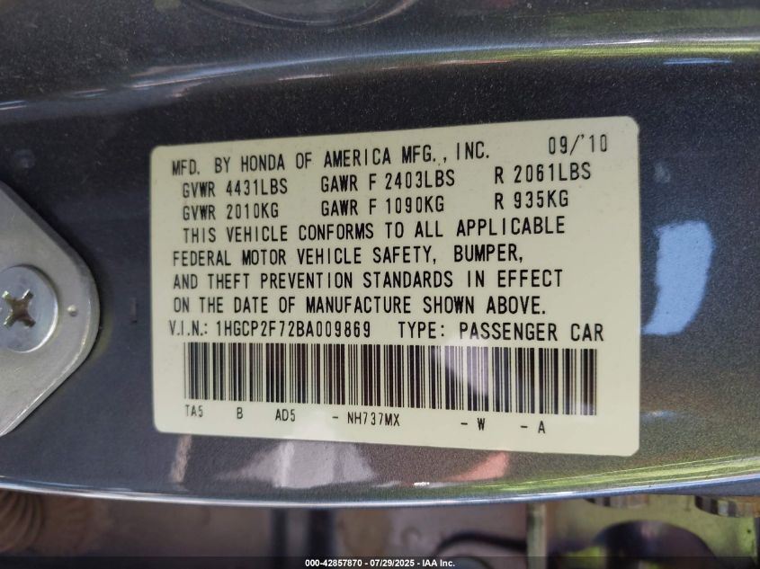 2011 Honda Accord 2.4 Ex VIN: 1HGCP2F72BA009869 Lot: 42857870