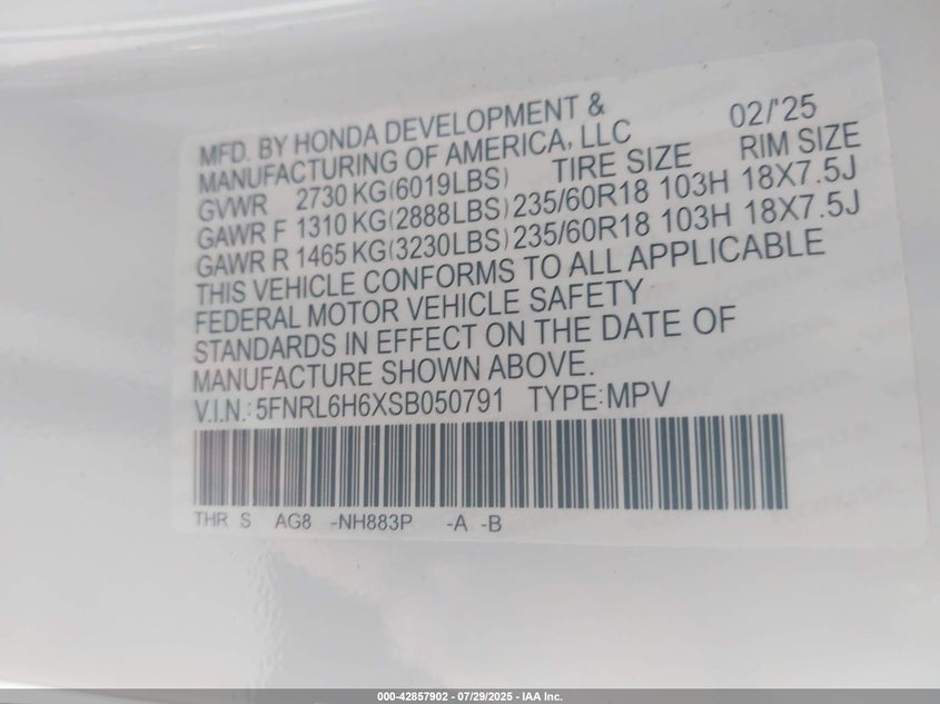 2025 HONDA ODYSSEY EX-L - 5FNRL6H6XSB050791