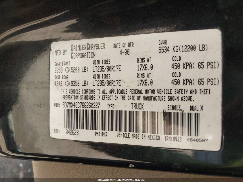 2006 Dodge Ram 3500 Slt/Sport VIN: 3D7MX48C76G260327 Lot: 42857961