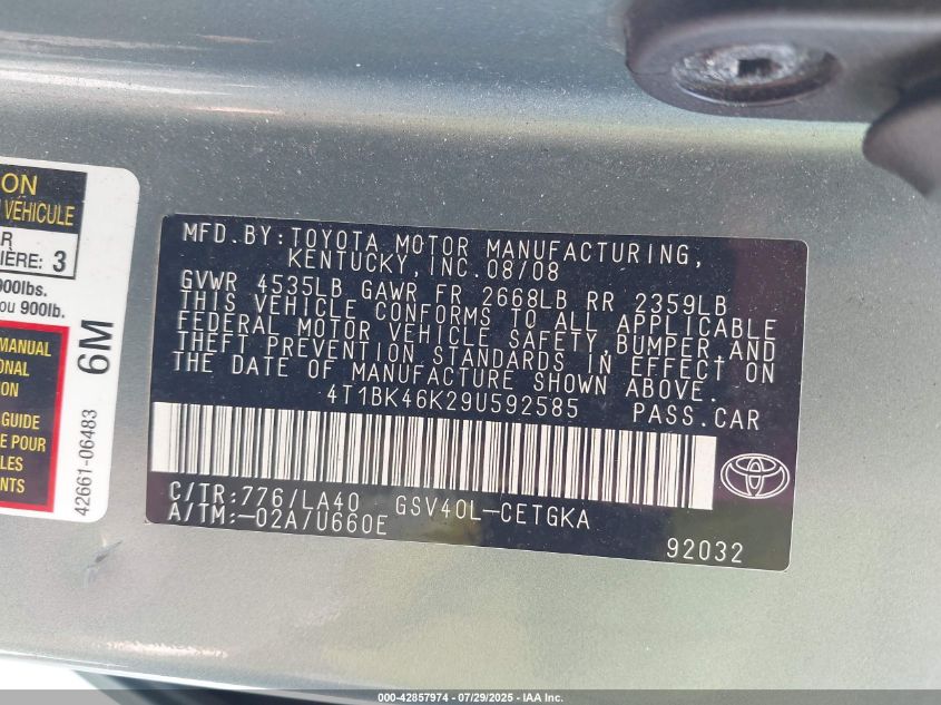 2009 Toyota Camry Xle V6 VIN: 4T1BK46K29U592585 Lot: 42857974