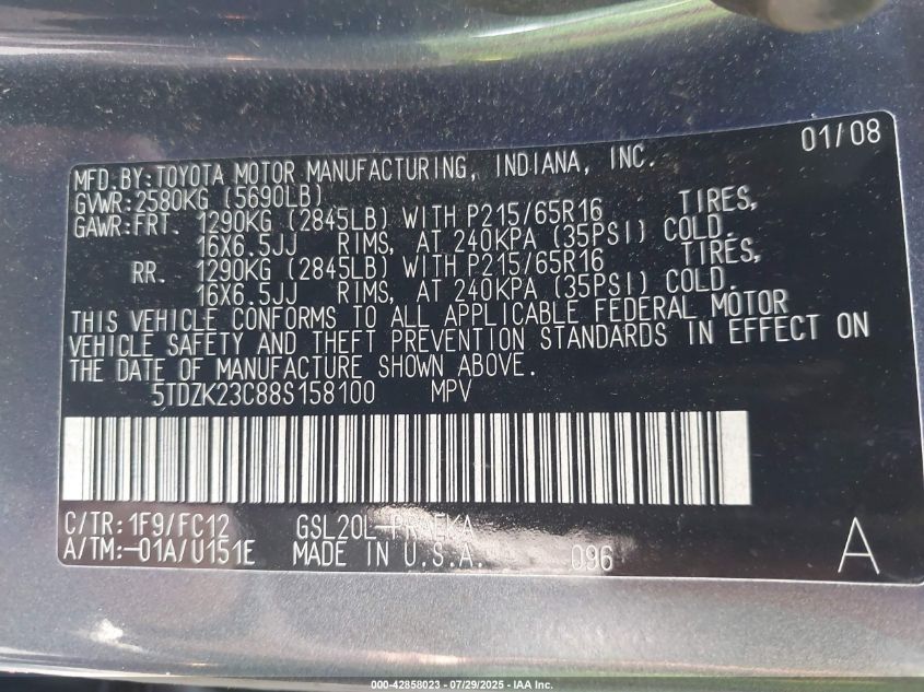 2008 Toyota Sienna Le VIN: 5TDZK23C88S158100 Lot: 42858023