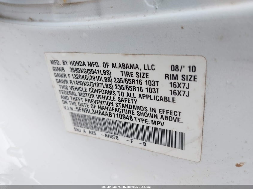 2010 Honda Odyssey Ex-L VIN: 5FNRL3H64AB110948 Lot: 42858075