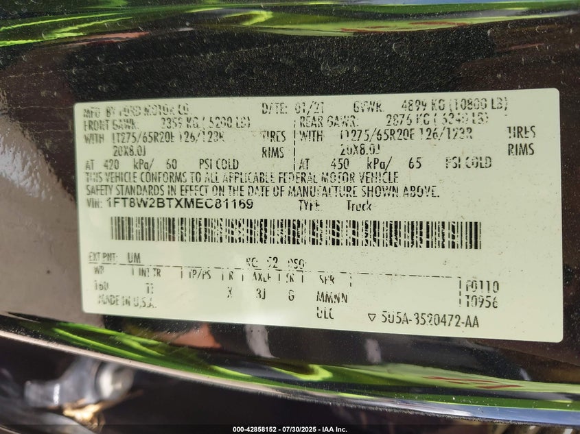 2021 Ford F-250 Limited VIN: 1FT8W2BTXMEC81169 Lot: 42858152