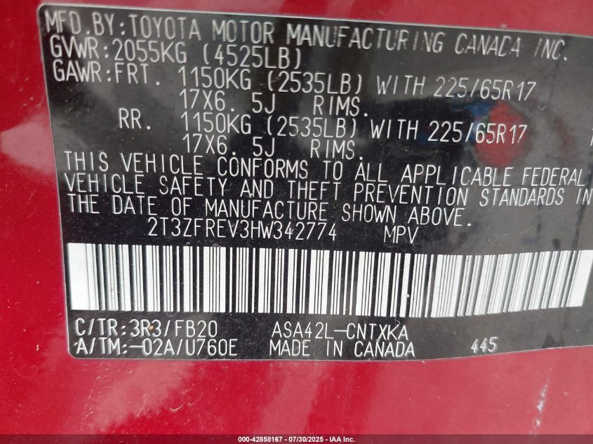 2017 Toyota Rav4 Le VIN: 2T3ZFREV3HW342774 Lot: 42858167