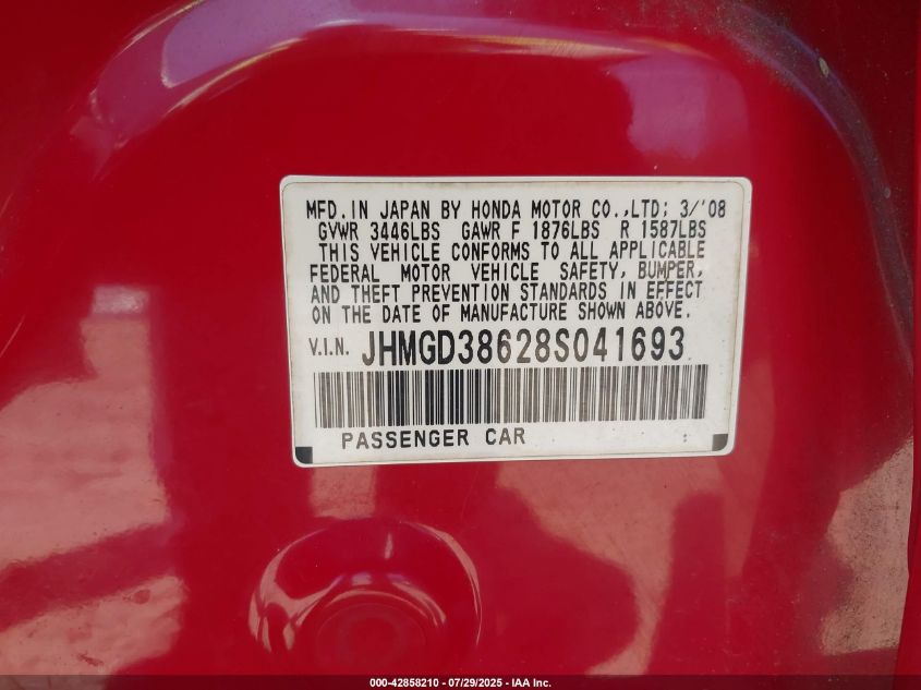 2008 Honda Fit Sport VIN: JHMGD38628S041693 Lot: 42858210
