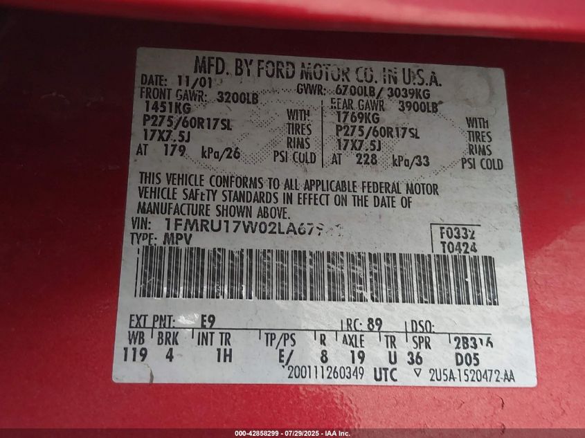 2002 Ford Expedition Eddie Bauer VIN: 1FMRU17W02LA67982 Lot: 42858299