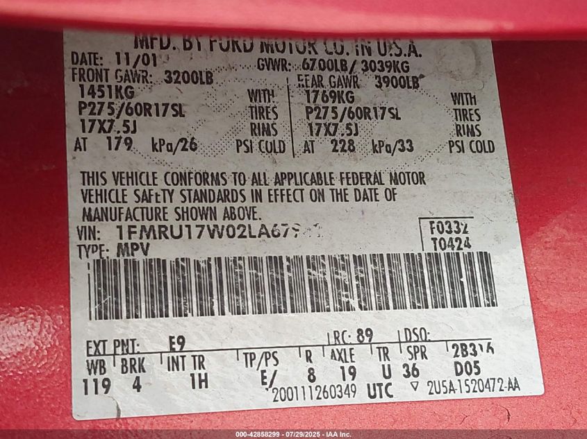 2002 Ford Expedition Eddie Bauer VIN: 1FMRU17W02LA67982 Lot: 42858299