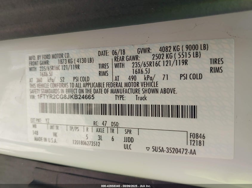 2018 Ford Transit-250 VIN: 1FTYR2CG8JKB24665 Lot: 42858340