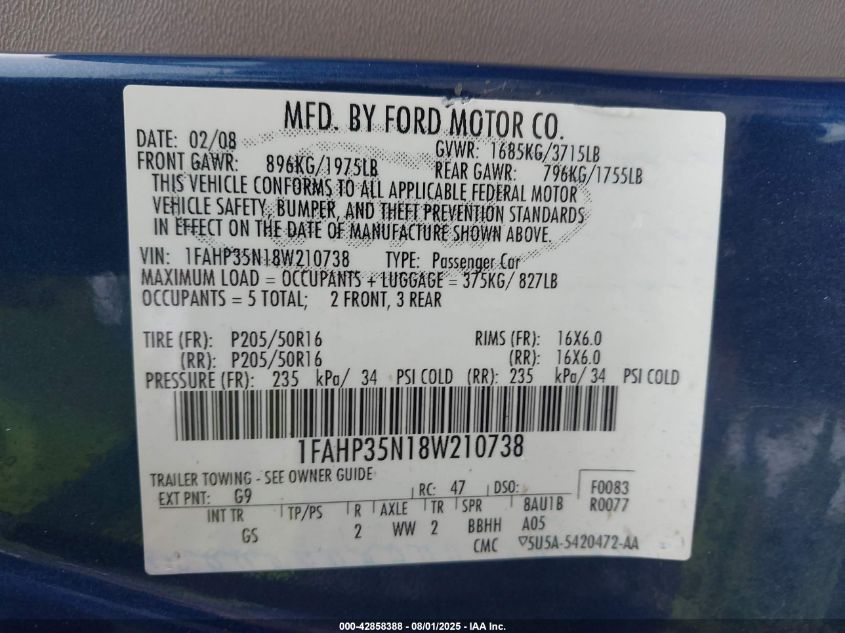 2008 Ford Focus Se/Ses VIN: 1FAHP35N18W210738 Lot: 42858388