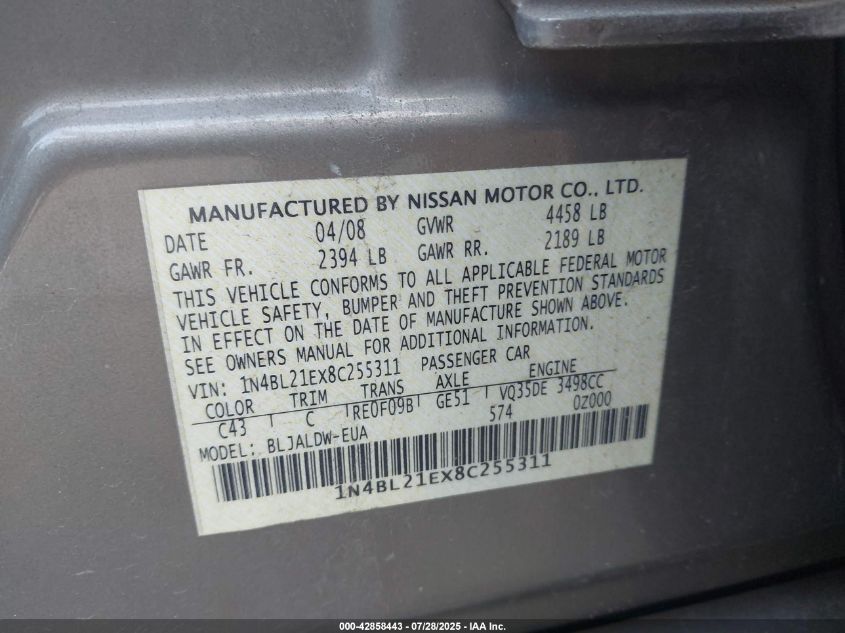2008 Nissan Altima 3.5 Se VIN: 1N4BL21EX8C255311 Lot: 42858443