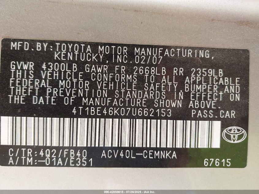 2007 Toyota Camry Ce VIN: 4T1BE46K07U662153 Lot: 42858615