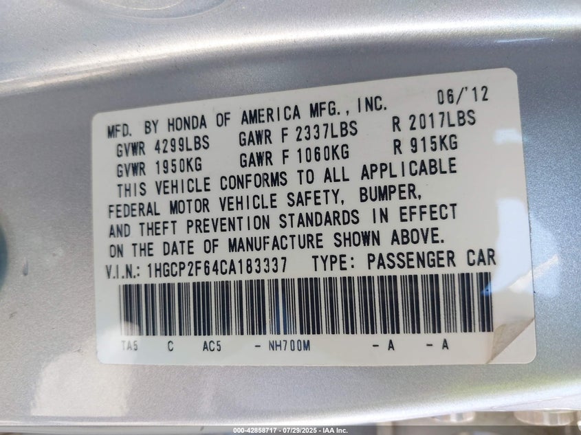 2012 Honda Accord 2.4 Se VIN: 1HGCP2F64CA183337 Lot: 42858717