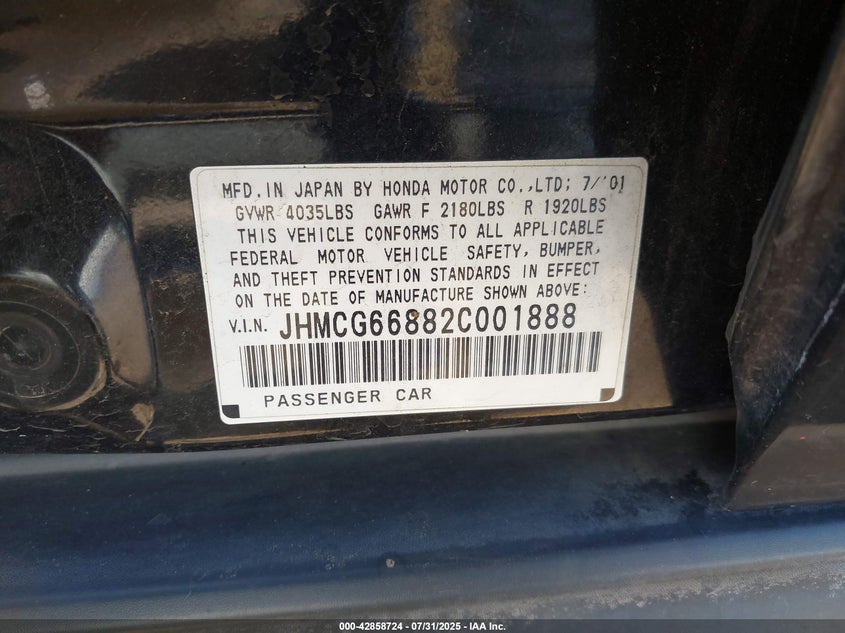 2002 Honda Accord 2.3 Ex/2.3 Se VIN: JHMCG66882C001888 Lot: 42858724