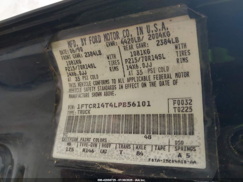 1990 Ford Ranger Super Cab VIN: 1FTCR14T4LPB56101 Lot: 42858729