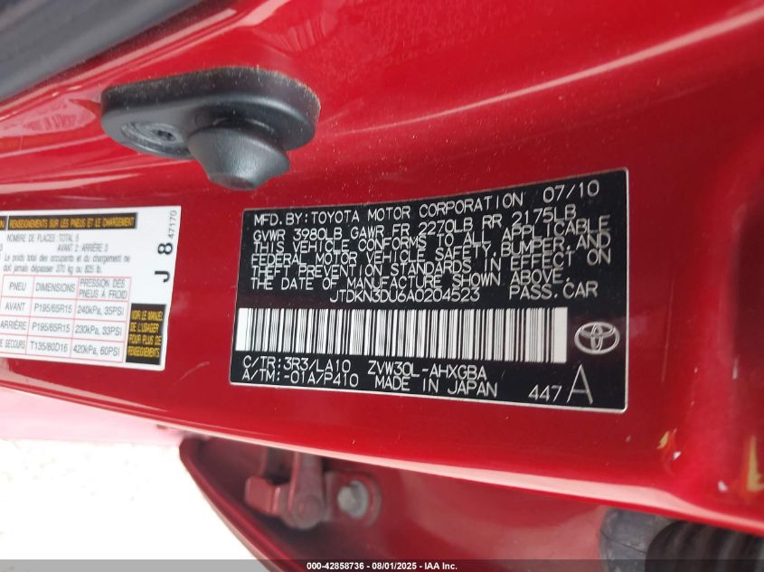 2010 Toyota Prius Iv VIN: JTDKN3DU6A0204523 Lot: 42858736