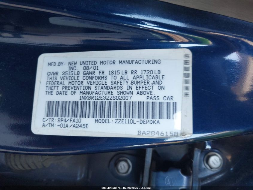 2002 Toyota Corolla Le VIN: 1NXBR12E32Z602007 Lot: 42858878