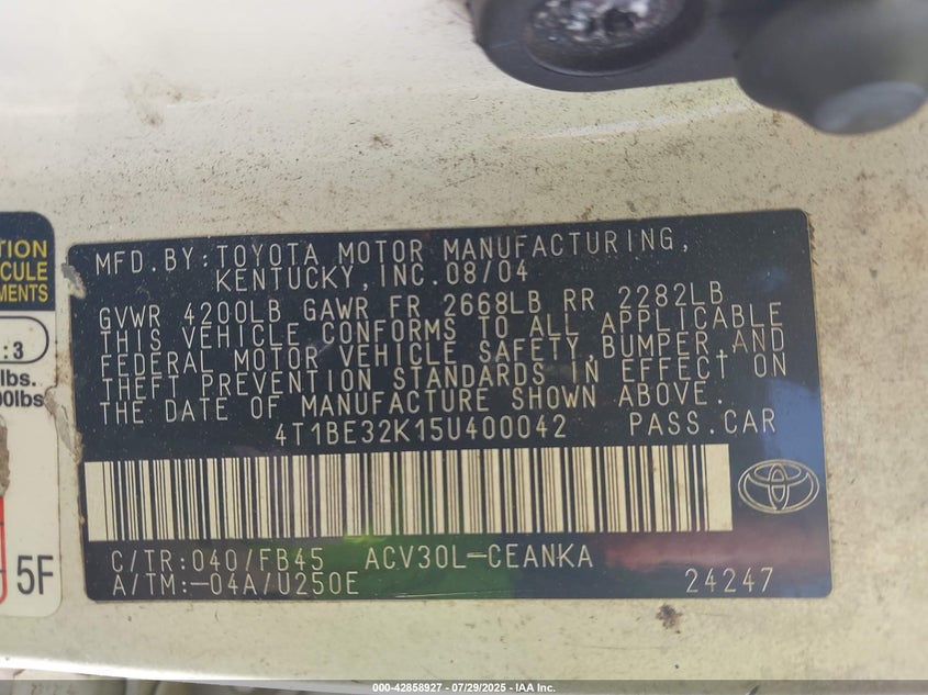 4T1BE32K15U400042 2005 TOYOTA CAMRY photo no. 9
