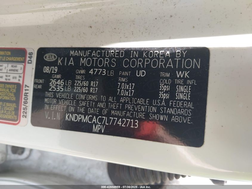 2020 Kia Sportage Lx VIN: KNDPMCAC7L7742713 Lot: 42858959