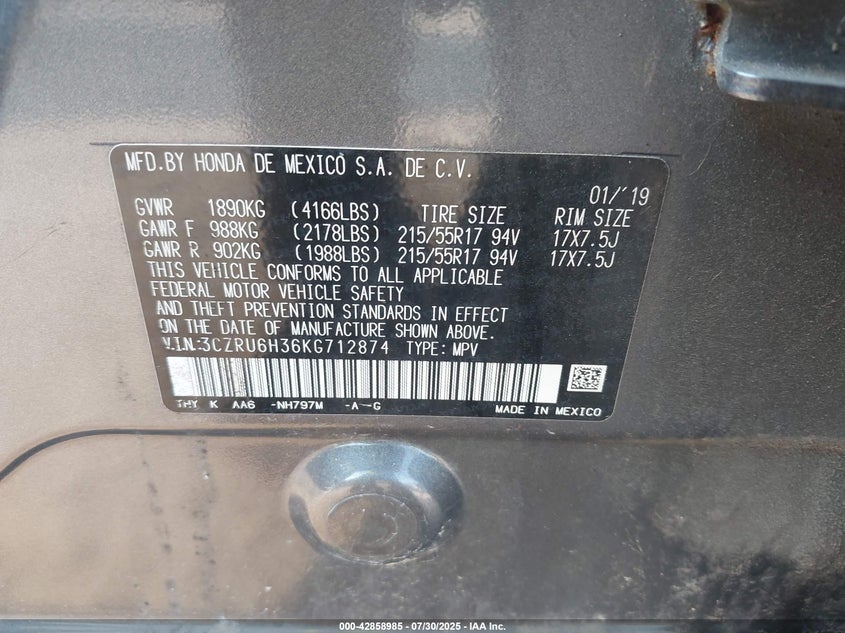 2019 HONDA HR-V LX - 3CZRU6H36KG712874