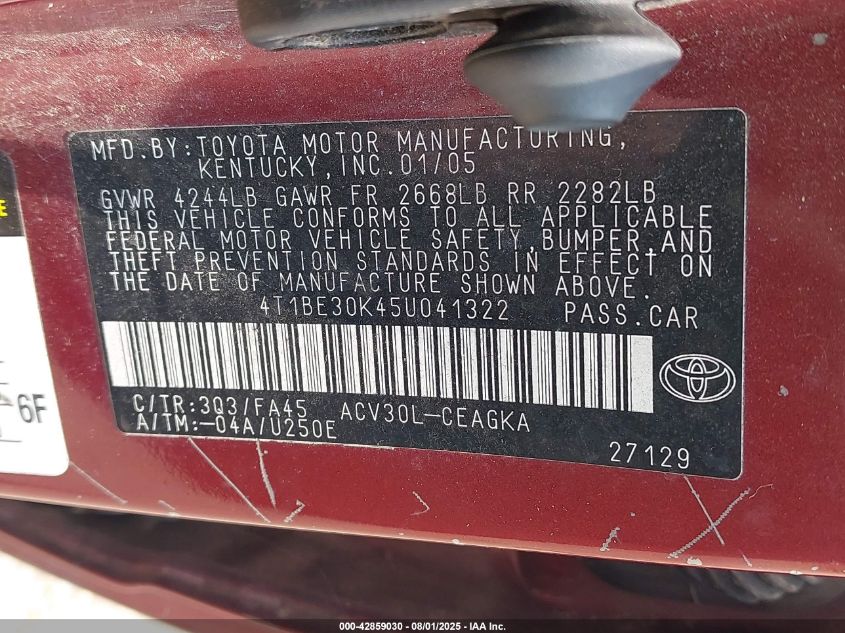 2005 Toyota Camry Le/Se/Xle VIN: 4T1BE30K454041322 Lot: 42859030