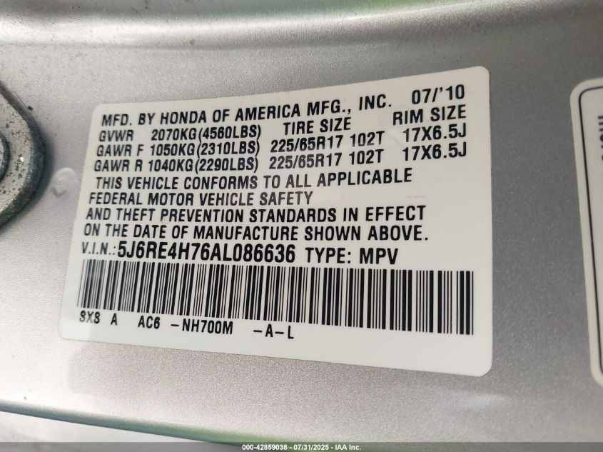 2010 Honda Cr-V Ex-L VIN: 5J6RE4H76AL086636 Lot: 42859038