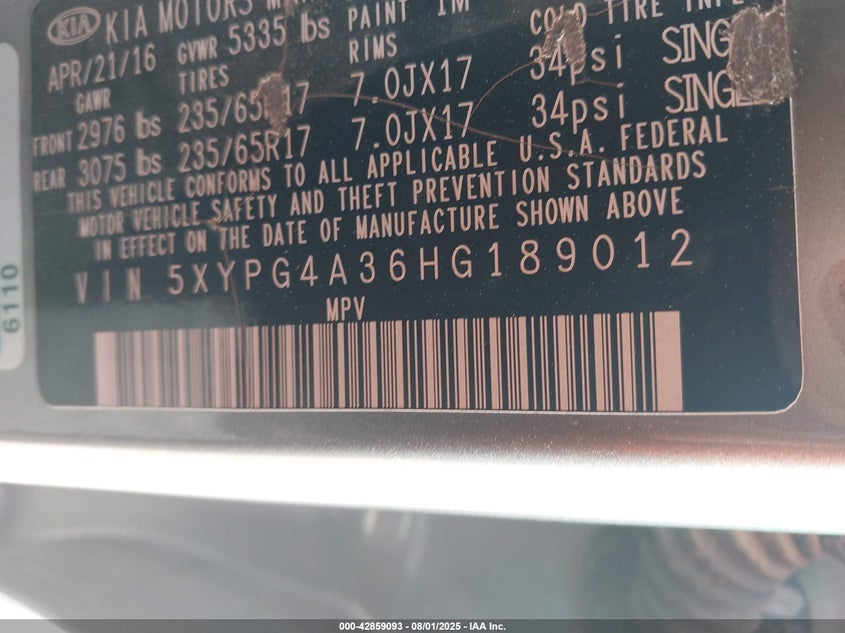 2017 Kia Sorento 2.4L Lx VIN: 5XYPG4A36HG189012 Lot: 42859093