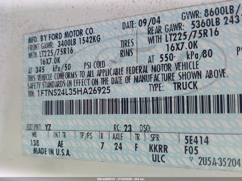 2005 Ford E-250 VIN: 1FTNS24L35HA26925 Lot: 42859151